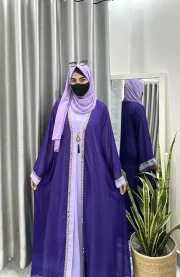 Rafiah Gorgeous Mesh Net Koti Abaya Set - Purple - Image 2