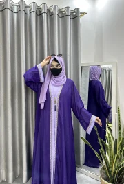 Rafiah Gorgeous Mesh Net Koti Abaya Set - Purple - Image 3